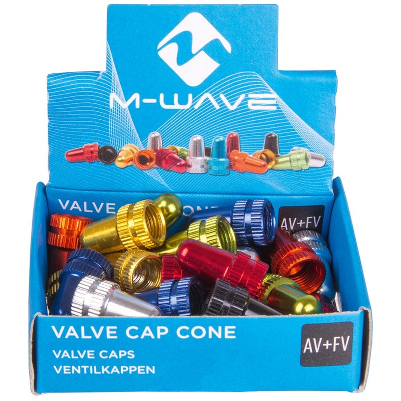 Load image into Gallery viewer, M-Wave Valve Cap Coutertop Display Box, Aluminum, Dual threaded to fit Presta and Schrader, 30 Assorted colors (6x Red,