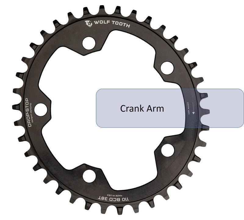 Load image into Gallery viewer, Wolf Tooth 38T Elliptical Chainring for 110 BCD, 5-Bolt, Compatible with 9-12 Speed Drive Trains, Made from 7075-T6 Aluminum, Asymmetrical Drop-Stop Tooth Design, Optimized Power Transfer, Mud Clearance & Chain Retention for MTB and Gravel Riding