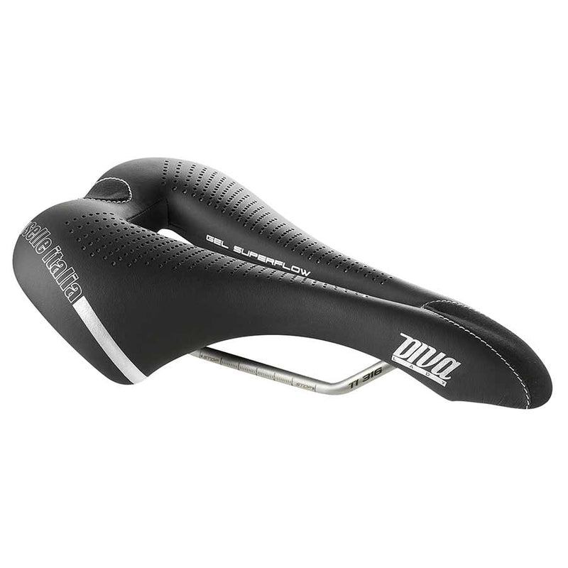 Load image into Gallery viewer, Selle Italia Diva Gel Superflow Saddle - Black 135mm Width Titanium Rails