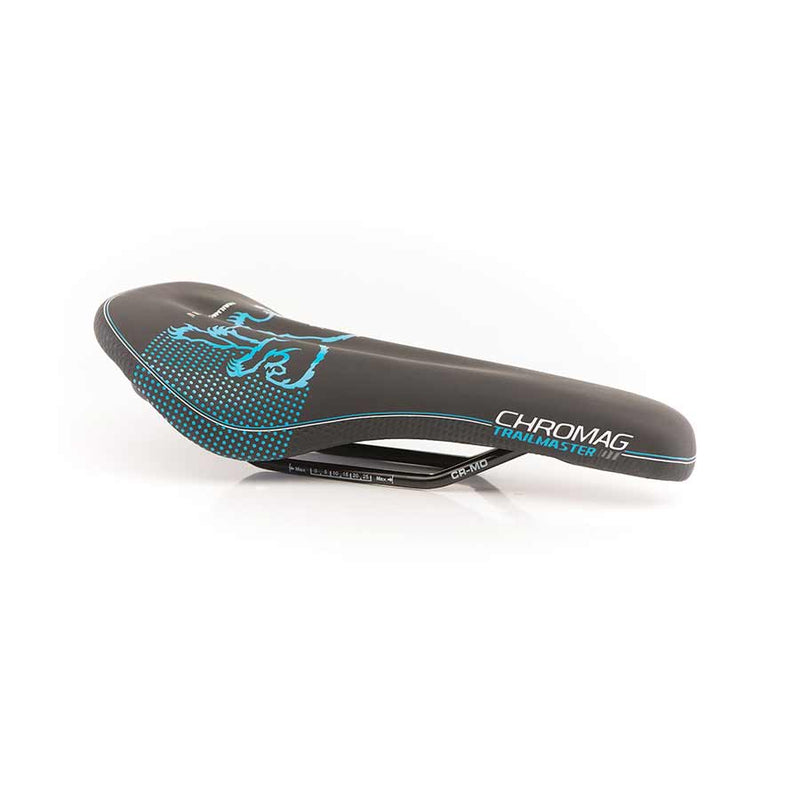 Load image into Gallery viewer, Chromag Trailmaster DT Saddle - Black/Cyan 140mm Width Chromoly Rail