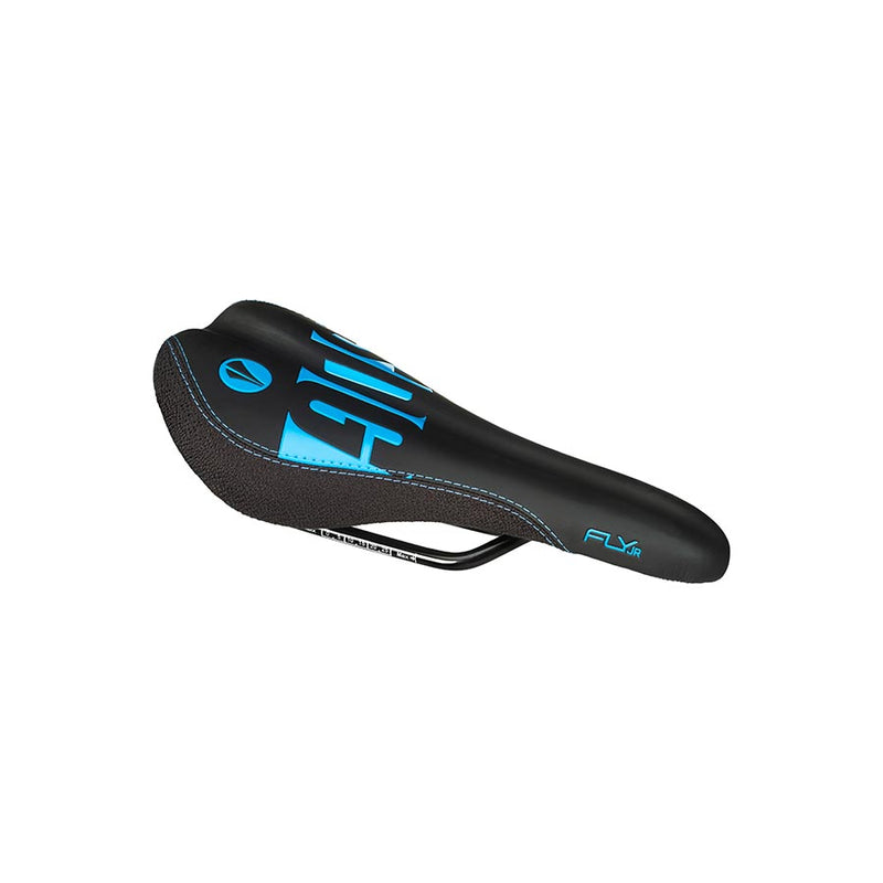 Load image into Gallery viewer, SDG Fly Jr Saddle - Cyan/Black 122mm Width 2pc Top w/ Durable Cordura Sides
