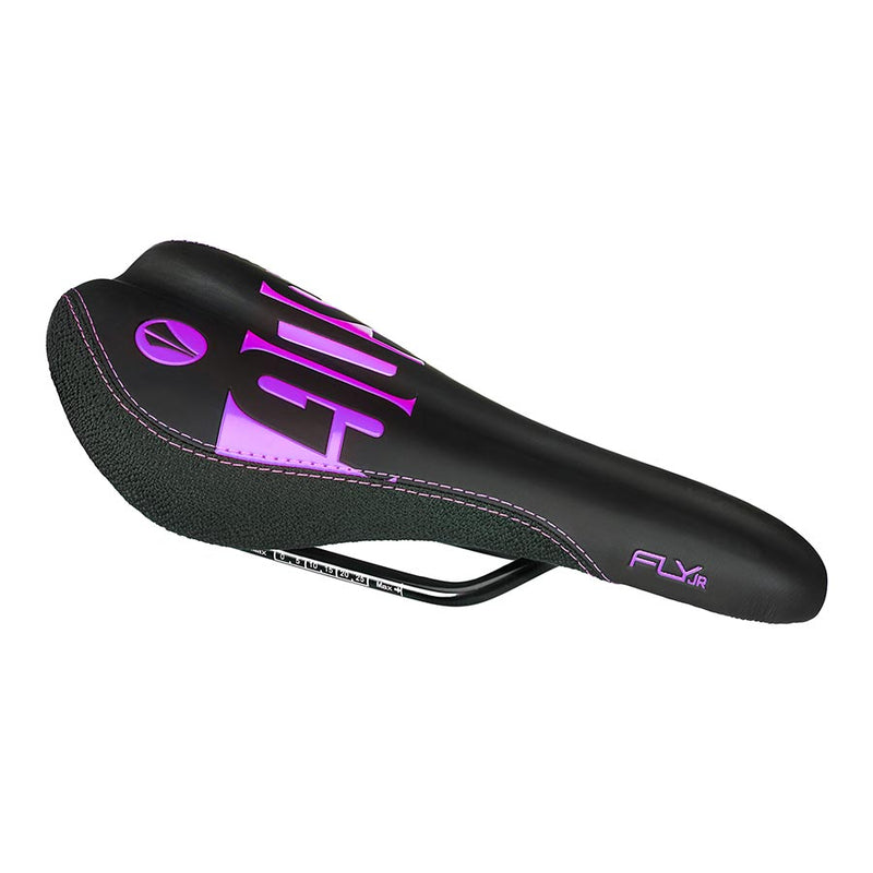 Load image into Gallery viewer, SDG Fly Jr Saddle - Neon Purple/Black 122mm Width 2pc Top w/ Cordura Sides
