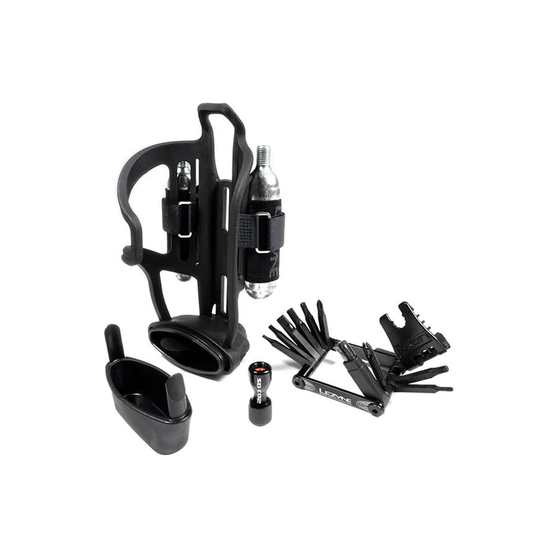 Load image into Gallery viewer, Lezyne Tubeless Flow Storage Loaded, Bottle Cage, Composite, Includes CO2 Head, V18 Multi-Tool with Tubeless Reamer &