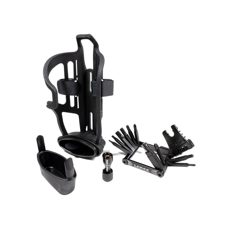 Load image into Gallery viewer, Lezyne Tubeless Flow Storage Loaded, Bottle Cage, Composite, Includes CO2 Head, V18 Multi-Tool with Tubeless Reamer &