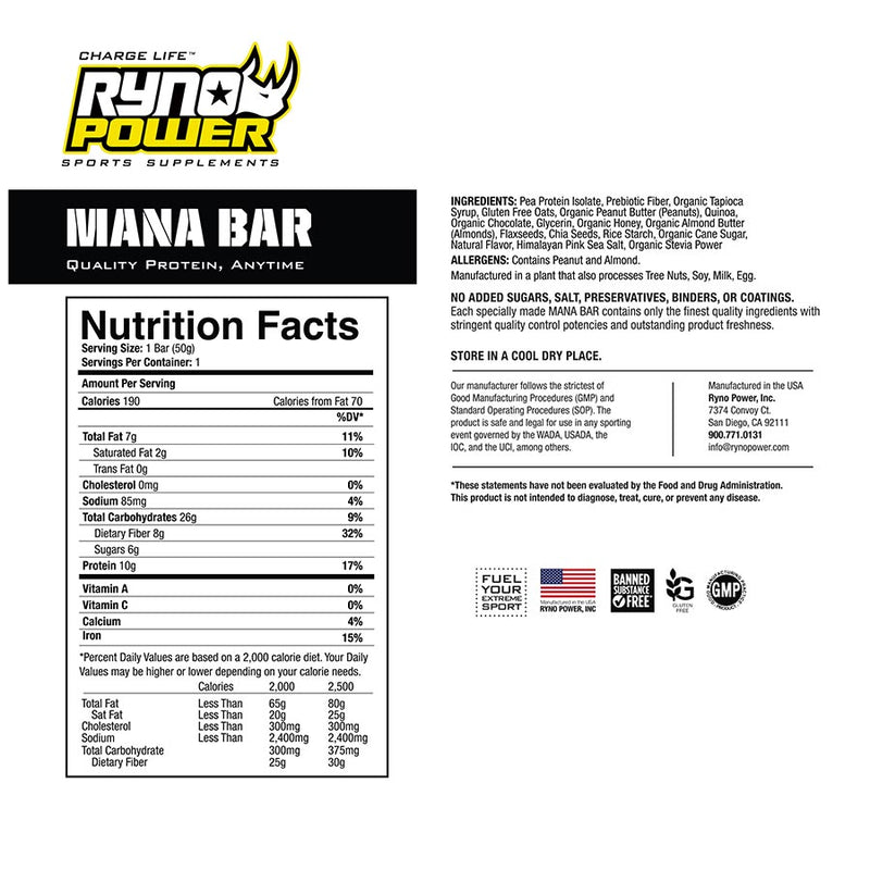 Load image into Gallery viewer, Ryno Power Mana Bar Superfood Protein Bar, 12/Box, Choc/Peanut