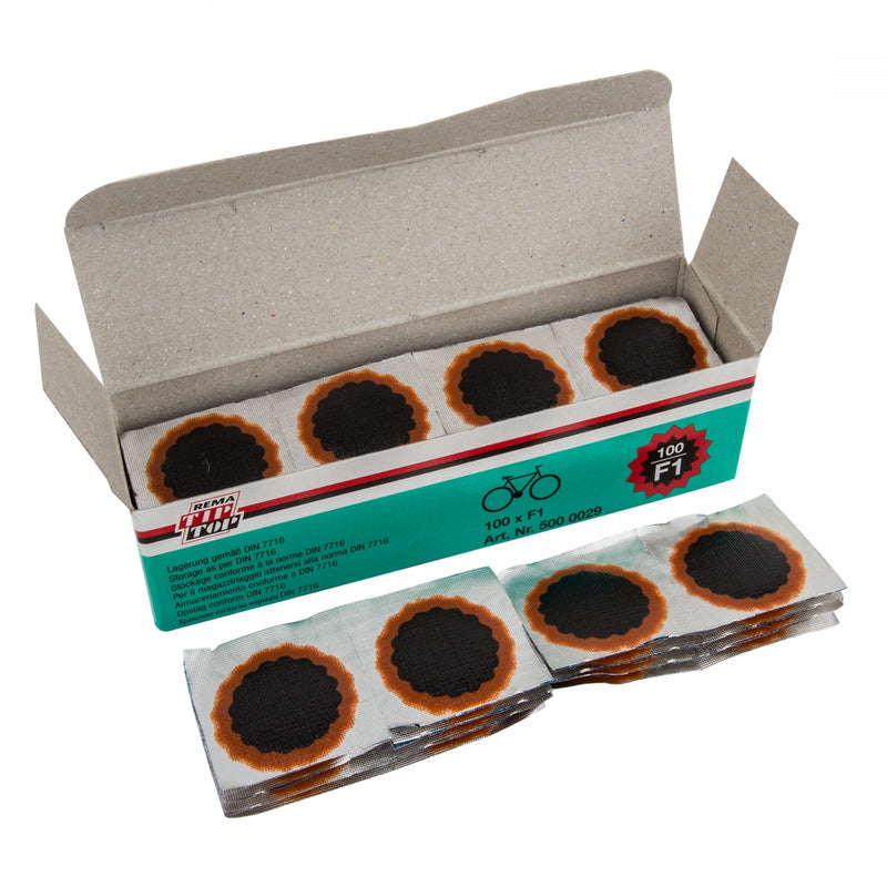 Load image into Gallery viewer, Rema F0-P 25mm Round Tube Patch Box of 100 Seamless Tube Repair Patch Kit