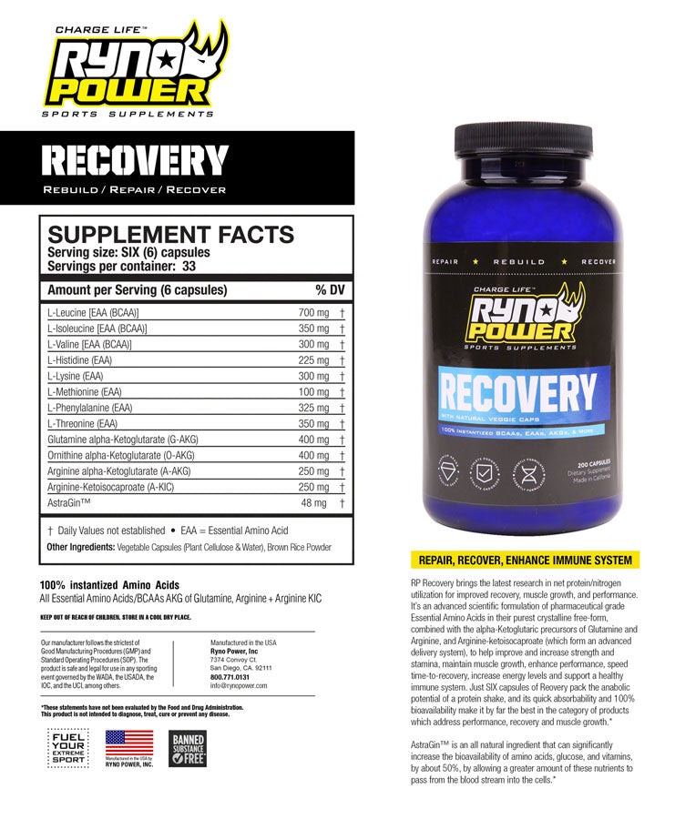 Load image into Gallery viewer, Ryno Power Recovery Supplement - 33 Servings, 200 capsules