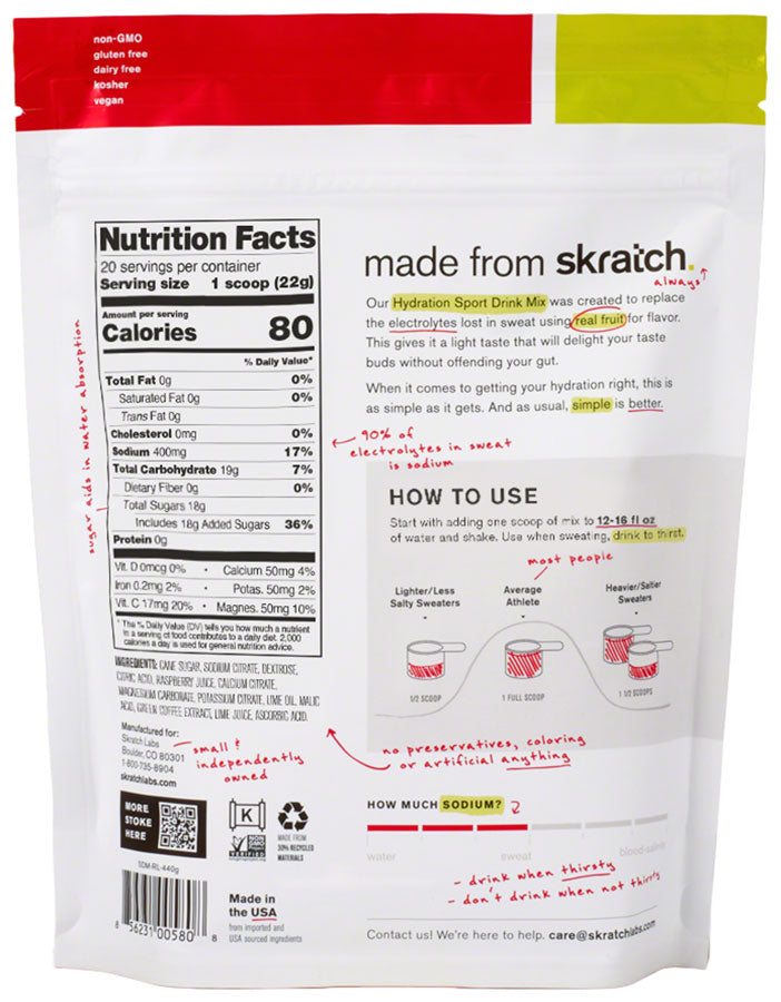 Load image into Gallery viewer, Skratch Labs Hydration Sport Drink Mix - Raspberry Limeade, With Caffiene, 20-Serving Resealable Pouch