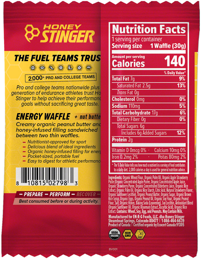 Load image into Gallery viewer, Honey Stinger Organic Peanut Butter Stinger Waffle Energy Peanut Butter Strawberry Box of 12 Yes