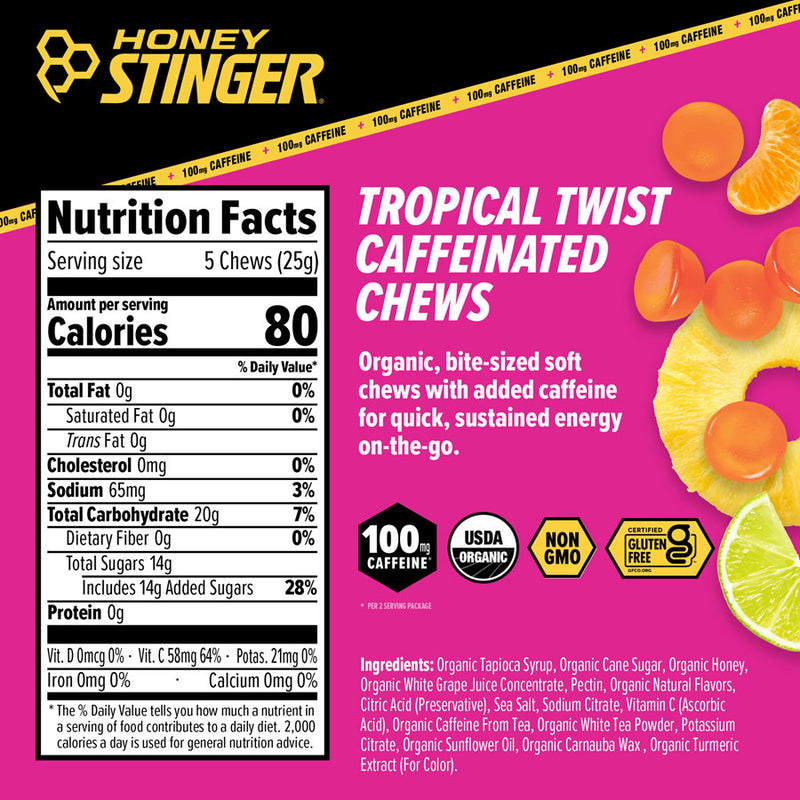 Load image into Gallery viewer, Honey Stinger High Caffeinated Energy Chews - Tropical Twist, Box of 12 Packets Pack of 12