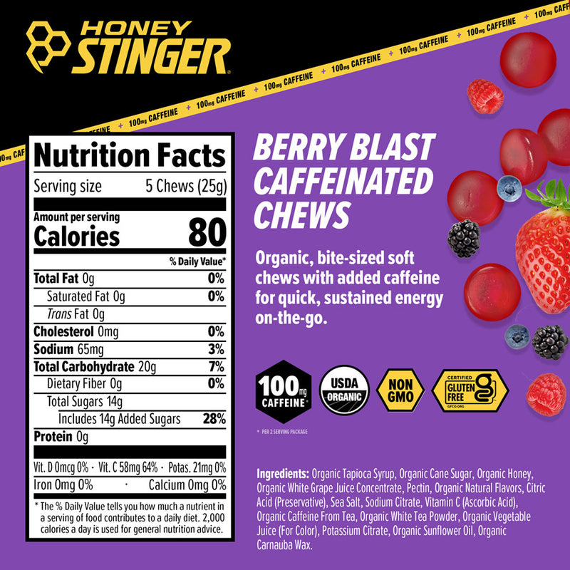 Load image into Gallery viewer, Honey Stinger High Caffeinated Chews - Berry Blast, Box of 12 Packets Pack of 12