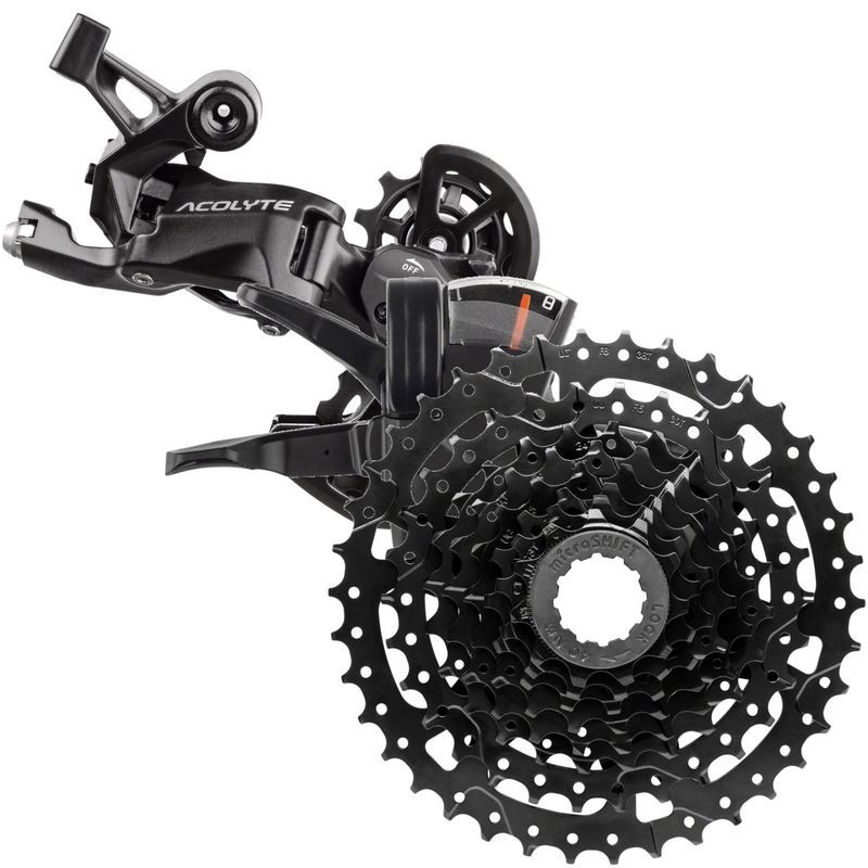 Load image into Gallery viewer, microSHIFT Acolyte 8-Speed Bike Parts Bundle: Super Short Cassette, Rear Derailleur & Trigger Shifter for Mountain & Off-Road Bikes
