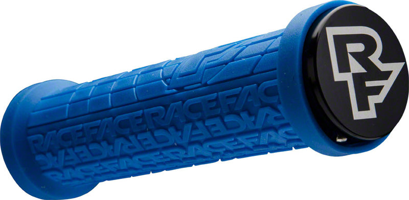 Load image into Gallery viewer, RaceFace Grippler Grips Blue Lock On 30mm Directional Ramped Logo Flangeless