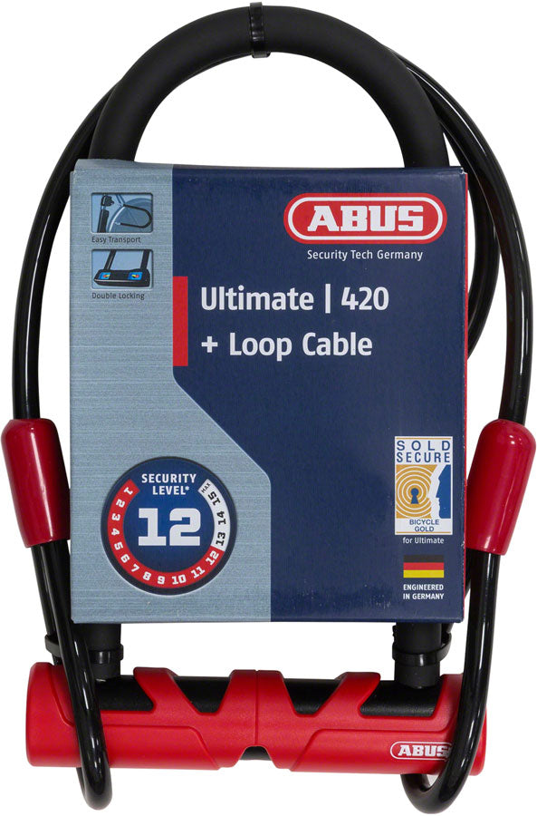 Load image into Gallery viewer, Abus Ultimate 420 + Cable U-Lock, Key, 14mm, 16.0cm x 23.0cm, 6.3" x 9", USH, Red; Cable; 10mm, 120cm, 4'