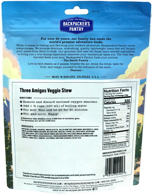 Backpacker's Pantry Three Amigos Veggie Stew 2 Servings 320 Cal Gluten Free Veg