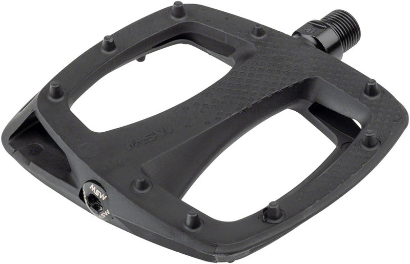 Load image into Gallery viewer, MSW Thump Platform Pedals 9/16" Chromoly Axle Concave Nylon Body Molded Pins Blk