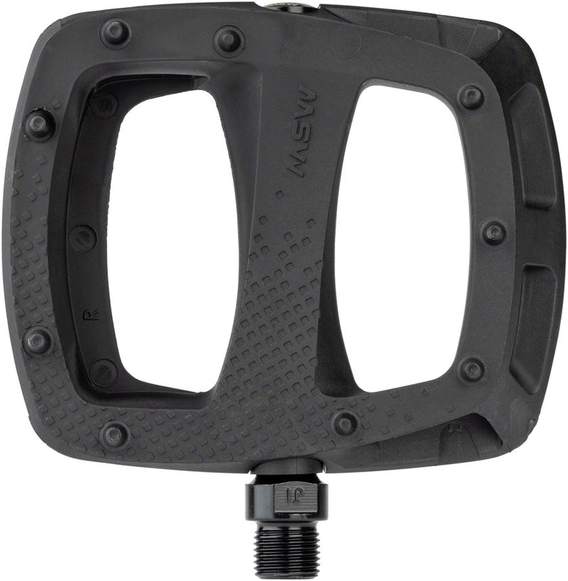 Load image into Gallery viewer, MSW Thump Platform Pedals 9/16" Chromoly Axle Concave Nylon Body Molded Pins Blk