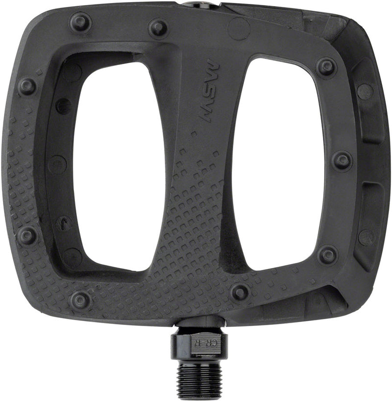 Load image into Gallery viewer, MSW Thump Platform Pedals 9/16" Chromoly Axle Concave Nylon Body Molded Pins Blk