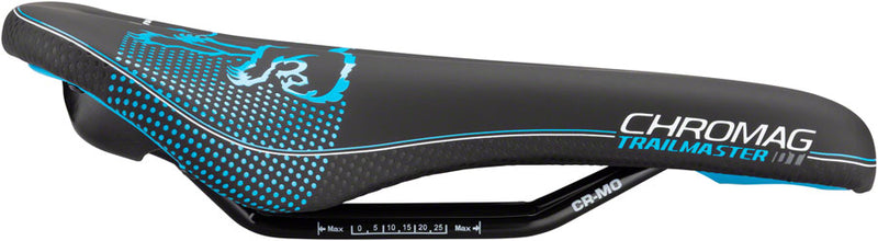Load image into Gallery viewer, Chromag Trailmaster DT Saddle - Black/Cyan 140mm Width Chromoly Rail