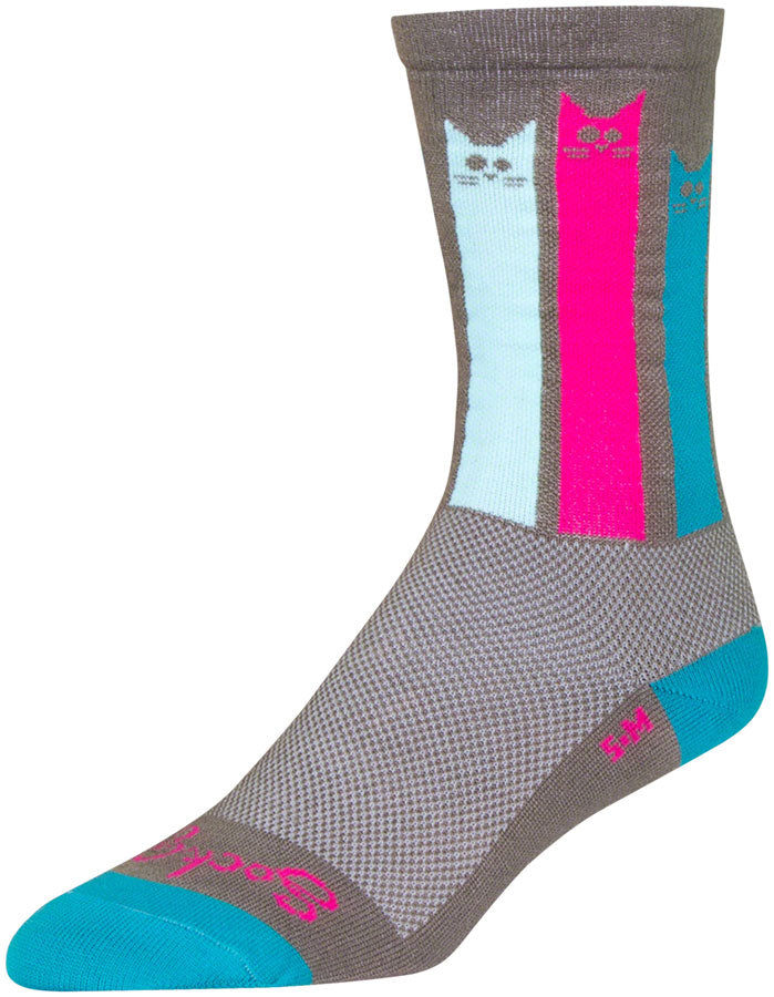Load image into Gallery viewer, SockGuy Crew Felines Socks 6 inch Gray Pink Teal Small Medium Synthetic