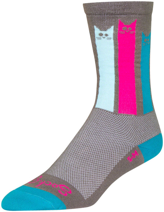 SockGuy Crew Felines Socks 6 inch Gray Pink Teal Small Medium Synthetic