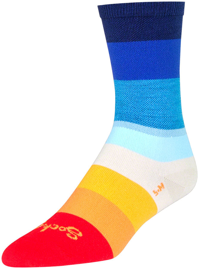 Load image into Gallery viewer, SockGuy Crew 70's Socks Multi Color Stripes 6 inch Blue Small Medium Unisex