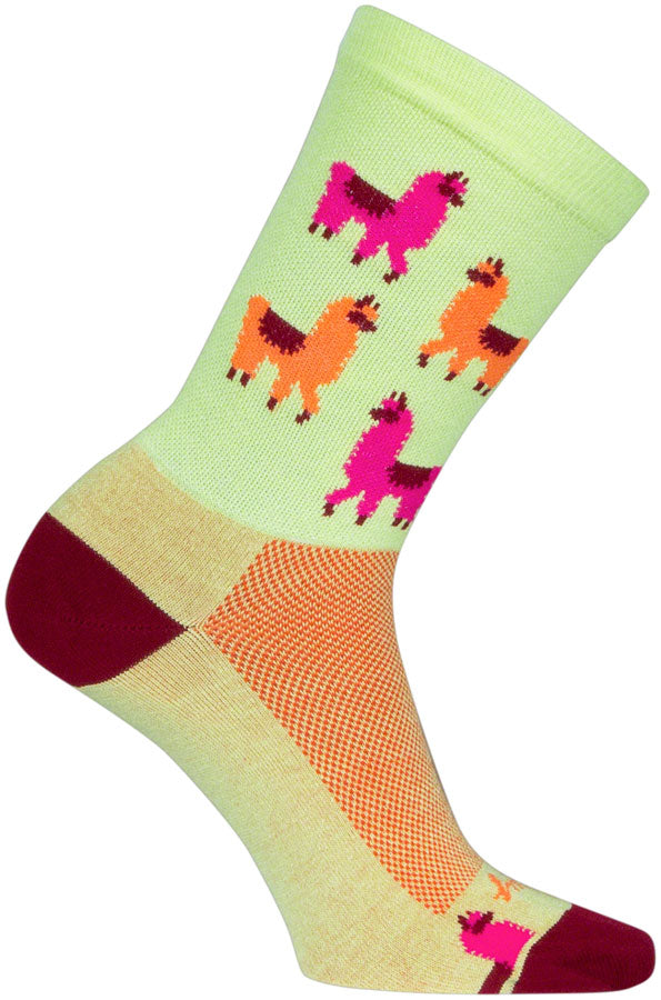 Load image into Gallery viewer, SockGuy Mo' Llamas Crew Socks - 6", Green/Pink/Orange, Small/Medium