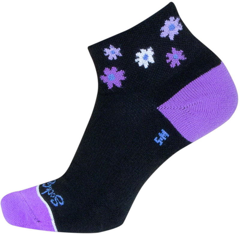 Load image into Gallery viewer, SockGuy Channel Air Daisy Classic Low Socks - 2 inch, Black/Purple, Women's, S/M