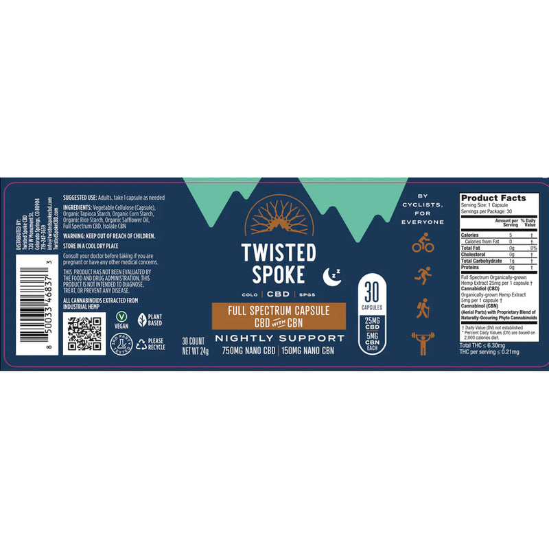 Load image into Gallery viewer, Twisted Spoke CBD Full Spectrum CBN Nano Capsules, 30ct - 25mg - NLA