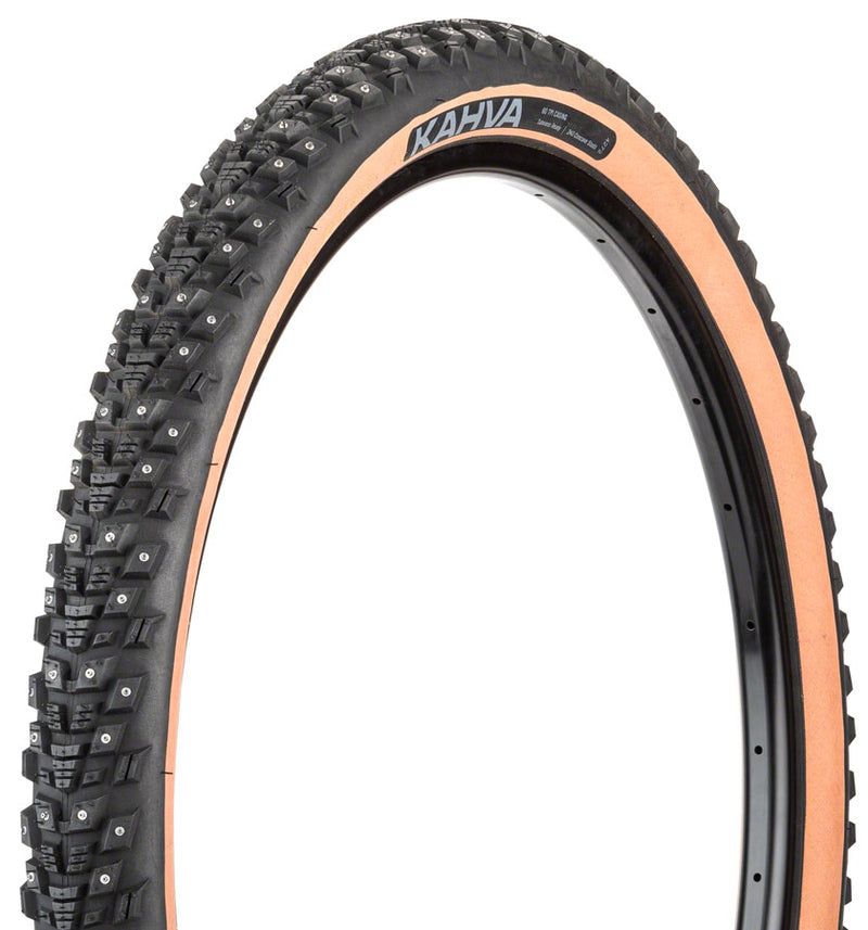 Load image into Gallery viewer, 45NRTH Kahva Tire 27.5x2.1 Tubeless Folding Tan 60tpi 240 Concave Carbide Studs
