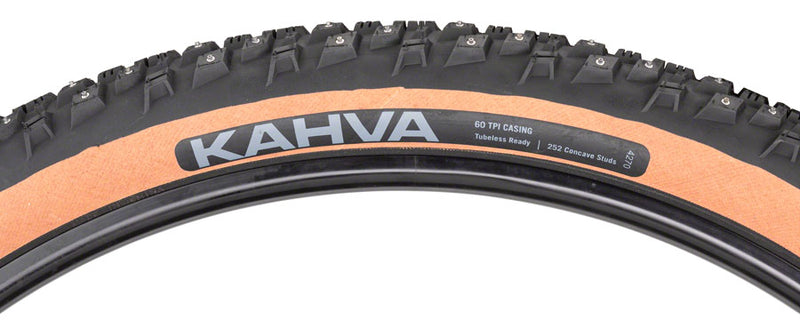 Load image into Gallery viewer, 45NRTH Kahva Tire 29 x 2.25 Tubeless Folding Tan 60tpi 252 Concave Carbide Studs
