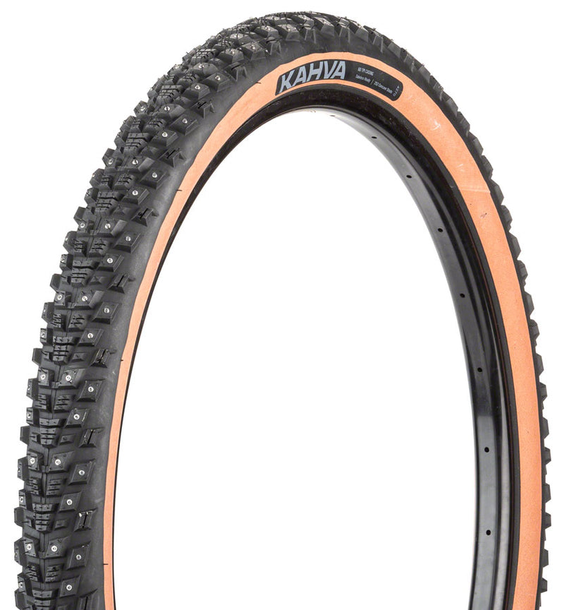 Load image into Gallery viewer, 45NRTH Kahva Tire 29 x 2.25 Tubeless Folding Tan 60tpi 252 Concave Carbide Studs