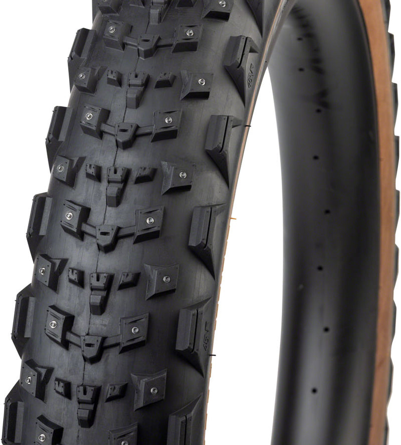 Load image into Gallery viewer, 45NRTH Dillinger 4 Tire - 26 x 4.2, Tubeless, Folding, Tan, 60 TPI, 168 Large Concave Carbide Aluminum Studs