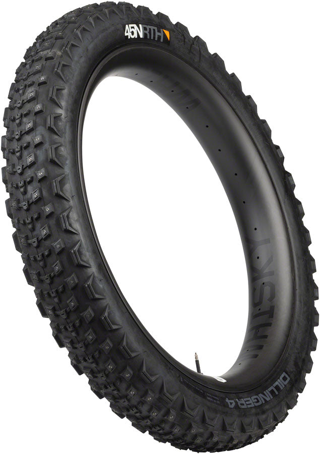 Load image into Gallery viewer, 45NRTH Dillinger 4 Tire - 26 x 4.2, Tubeless, Folding, Black, 120 TPI, 168 Large Concave Carbide Aluminum Studs