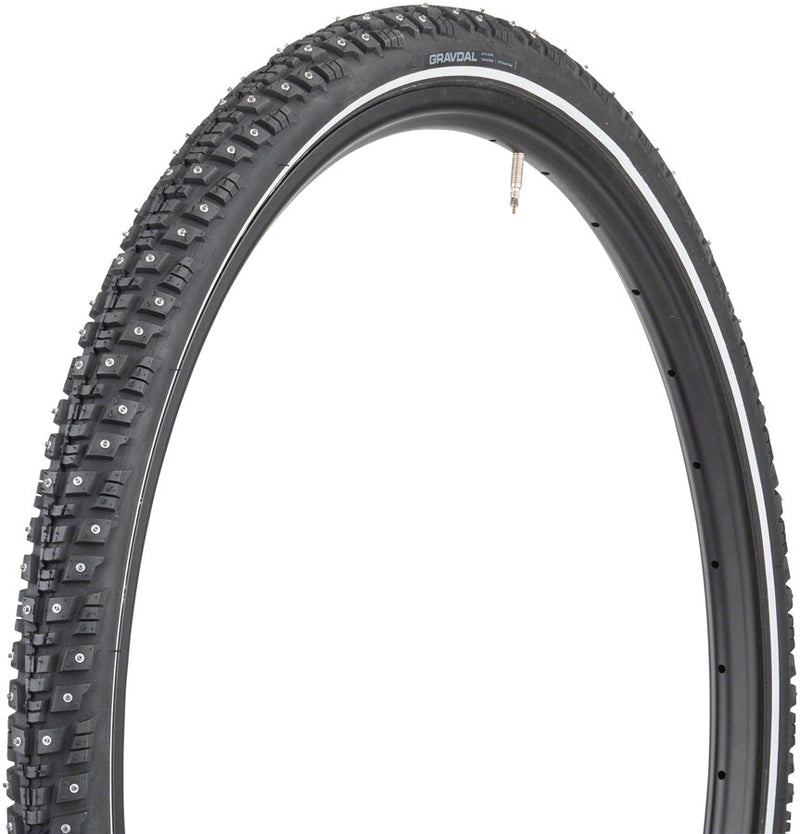 Load image into Gallery viewer, 45NRTH Gravdal Tire 650bx38 Tubeless Folding Blk 60tpi 240 Concave Carbide Studs
