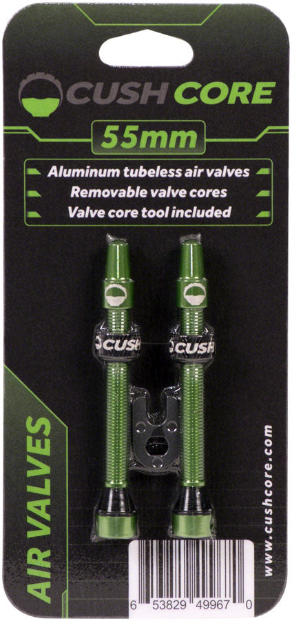 Load image into Gallery viewer, Cush Core Tubeless Air Valves 55mm Length Valve Set Aluminum Anodized Green
