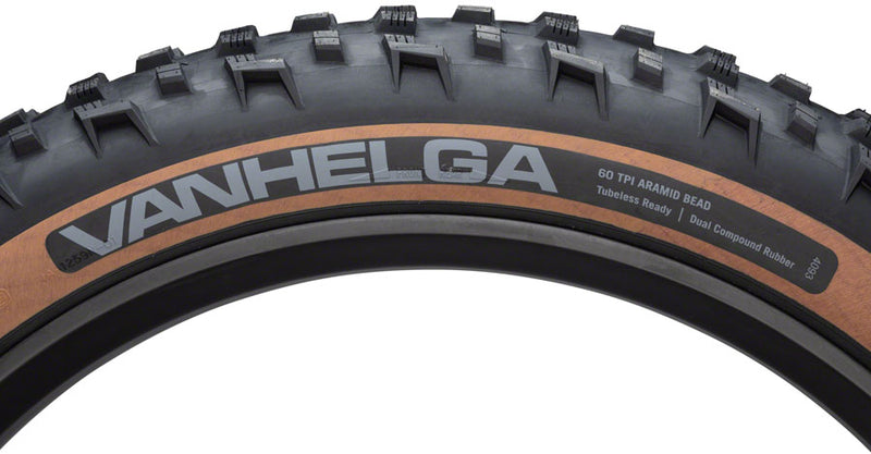 Load image into Gallery viewer, 45NRTH Vanhelga Tire 26 x 4.2 Tubeless Folding TPI 60 Black/Tan Fat Bike