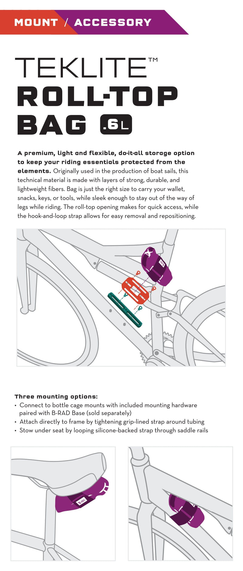 Load image into Gallery viewer, Wolf Tooth B-RAD TekLite Roll-Top Bag & Mounting Plate - 0.6L Waterproof, Lightweight Cycling Frame Bag for Trail, XC, and Adventure Bikes, Durable Tek-Lite Material with Sealed Seams, Versatile Mounting Options, Ideal for Snacks, Tools, and Essentials