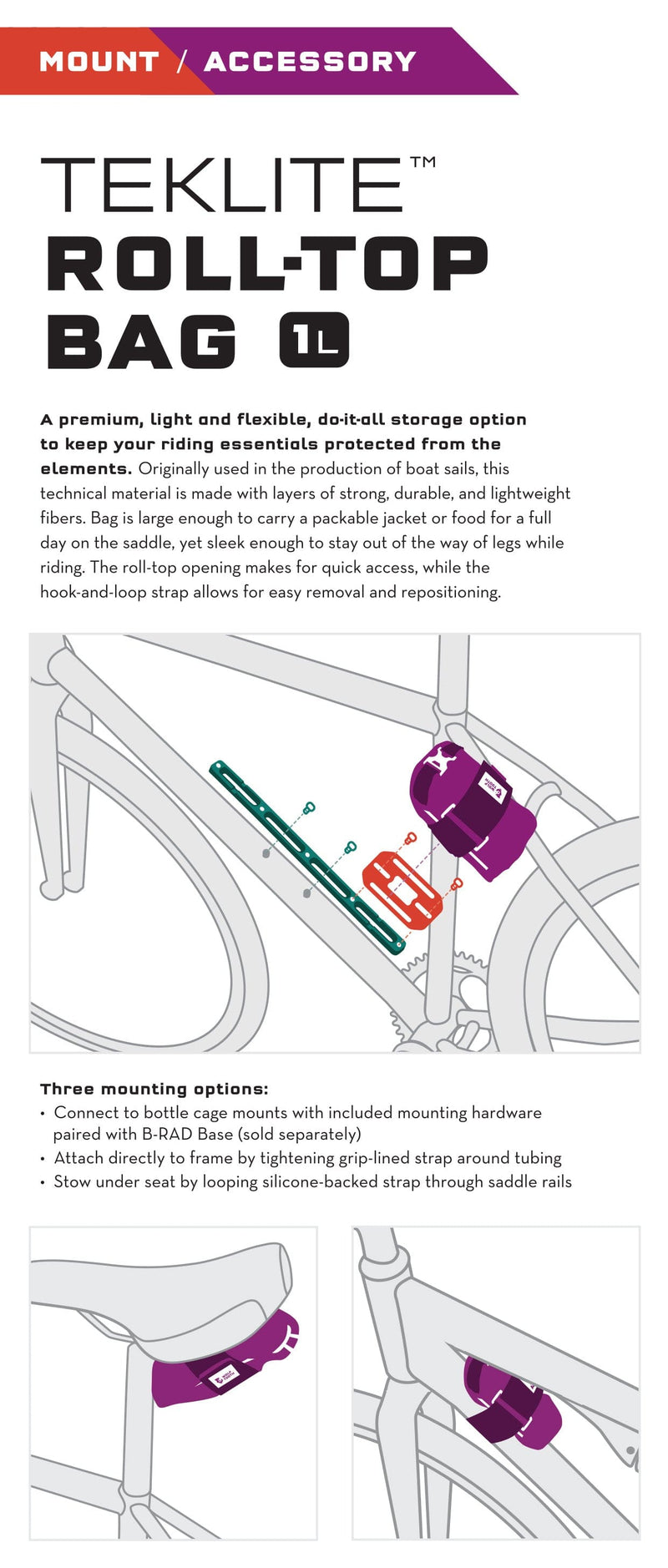 Load image into Gallery viewer, Wolf Tooth B-RAD TekLite Roll-Top 1L Waterproof Frame Bag & Mounting Plate | Lightweight, Durable, Water-Resistant Cycling Storage for Trail & Road Bikes