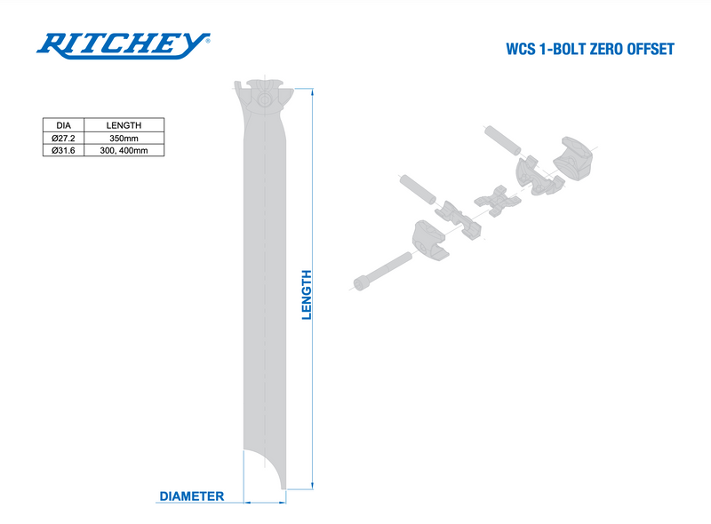 Load image into Gallery viewer, Ritchey WCS 1-Bolt Seatpost 27.2 350mm 0 Offset Matte Black SideBinder Clamp