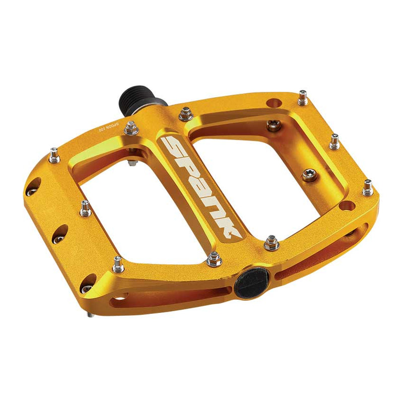 Load image into Gallery viewer, Spank Spoon 110 Platform Pedals 9/16&quot; Concave Alloy Body Replaceable Pins Gold
