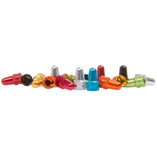 M-Wave Valve Cap Coutertop Display Box, Aluminum, Dual threaded to fit Presta and Schrader, 30 Assorted colors (6x Red,