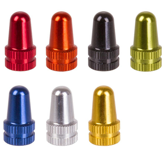 M-Wave Valve Cap Coutertop Display Box, Aluminum, Dual threaded to fit Presta and Schrader, 30 Assorted colors (6x Red,