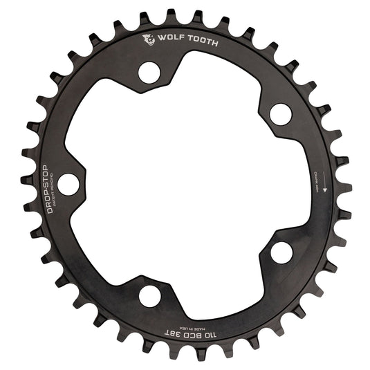 Wolf Tooth 38T Drop-Stop Elliptical Chainring 110 BCD 5-Bolt Aluminum for 10 - 11 - 12-Speed Eagle, Mud-Shedding, Chain Retention, Lightweight Durable Engineering