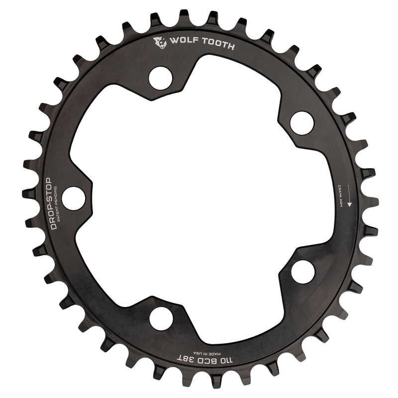 Load image into Gallery viewer, Wolf Tooth 38T Elliptical Chainring for 110 BCD, 5-Bolt, Compatible with 9-12 Speed Drive Trains, Made from 7075-T6 Aluminum, Asymmetrical Drop-Stop Tooth Design, Optimized Power Transfer, Mud Clearance &amp; Chain Retention for MTB and Gravel Riding
