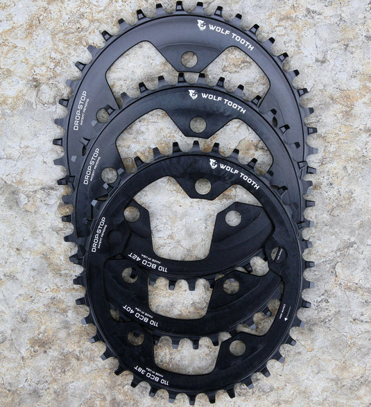 Wolf Tooth 38T Drop-Stop Elliptical Chainring 110 BCD 5-Bolt Aluminum for 10 - 11 - 12-Speed Eagle, Mud-Shedding, Chain Retention, Lightweight Durable Engineering