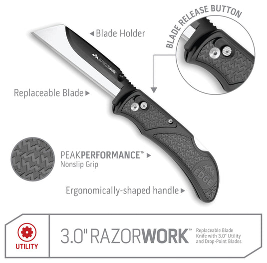 Outdoor Edge 3" Razor-Work Grey Knife with 3 Blades - Perfect for Outdoor Adventures
