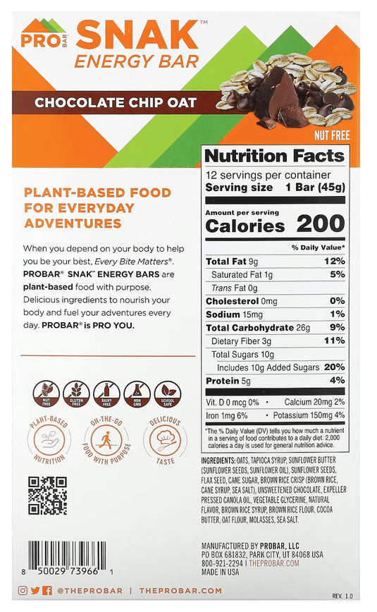 Probar Snak Chocolate Oat Bar: Delicious and Nutritious Snack for On-the-Go Energy Pack of  12