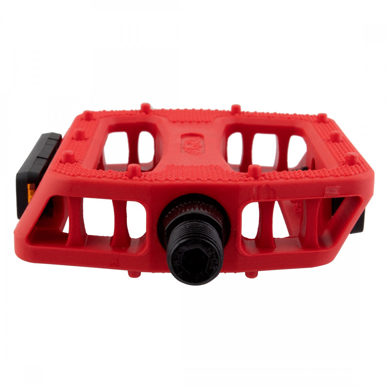 Load image into Gallery viewer, SE Bikes 12 O-Clock Platform Pedals 9/16&quot; Chomoly Spindle Nylon Molded Pins Red
