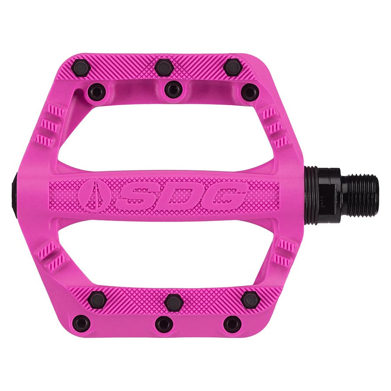 Load image into Gallery viewer, SDG Slater 90 Kids Platform Pedals 9/16" Composite Body Removable Pins Neon Pink
